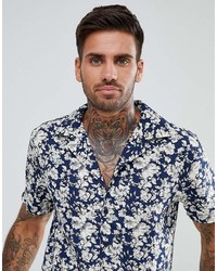 Boohooman Revere Shirt With Floral Print In Navy