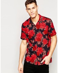 Asos Brand Floral Shirt In Red With Revere Collar And Short Sleeves In Regular Fit