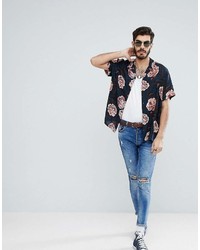 Asos Oversized Shirt In Vintage Floral Print With Revere Collar