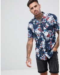 ASOS DESIGN Regular Fit Japanese Floral Shirt In Navy With Revere Collar