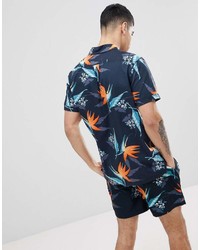 Original Penguin Resort Hawaiian Floral Print Short Sleeve Shirt In Navy