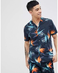 Original Penguin Resort Hawaiian Floral Print Short Sleeve Shirt In Navy