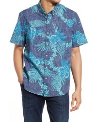 Reyn Spooner Tailored Fit Moonlight Lei Floral Short Sleeve Button Up Shirt In Maritime Blue At Nordstrom