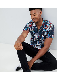 ASOS DESIGN Tall Regular Fit Japanese Floral Shirt In Navy With Revere Collar