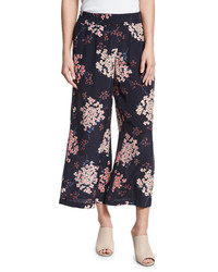 Rebecca Taylor Phlox Floral Print Silk Smocked Wide Leg Pants Navy
