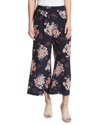 Rebecca Taylor Phlox Floral Print Silk Smocked Wide Leg Pants Navy