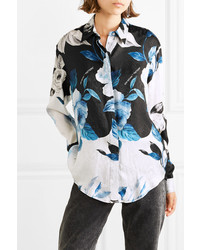 Off-White Floral Print Silk Moire Shirt