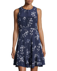 Rebecca Taylor Floral Print Silk Dress With Ruffle Skirt Navycombo