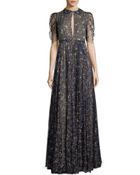Valentino Floral Print Silk Keyhole Gown
