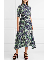 Prada Asymmetric Floral Print Stretch Silk Midi Dress
