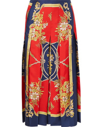 Navy Floral Silk Midi Skirt