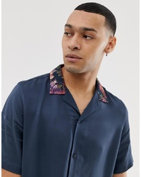 Navy Floral Silk Short Sleeve Shirt
