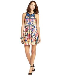 Romeo & Juliet Couture Blue And Red Floral Printed Stretch Neoprene Fit And Flare Dress