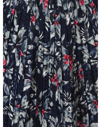 Choies Blue Floral Print Pleated Skirt