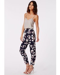 Missguided Dorothie Floral Print Cigarette Trousers Navy