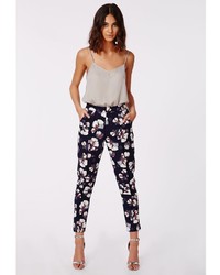 Missguided Dorothie Floral Print Cigarette Trousers Navy