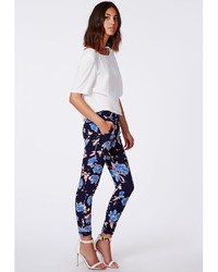 Missguided Gwen Floral Print Cigarette Trousers Navy