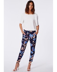 Missguided Gwen Floral Print Cigarette Trousers Navy