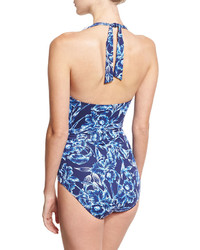 Tommy Bahama Sketchbook Blossoms Faux Wrap Ruffle One Piece Swimsuit Blue