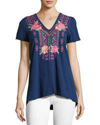 Johnny Was Jwla For Floral Embroidered Drape Back Tee Navy