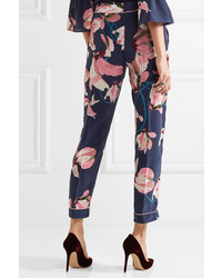 Erdem Giulia Cropped Floral Print Slim Leg Pants Navy