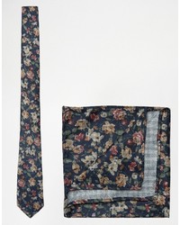 Asos Floral Tie And Pocket Square Pack In Navy