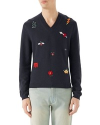 Gucci V Neck Embroidered Wool Sweater