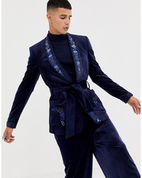 ASOS Edition Skinny Blazer In Navy Velvet With Embroidery