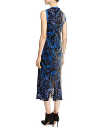 DKNY Sleeveless Floral Velvet Midi Dress Blue