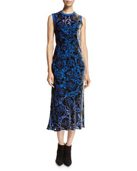 DKNY Sleeveless Floral Velvet Midi Dress Blue