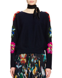 Chloé Chloe Floral Embroidered Long Sleeve Sweater Navy
