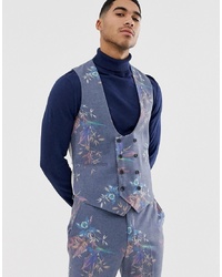 ASOS DESIGN Skinny Suit Waistcoat In Printed Blue Floral Wool Mix