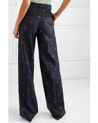 Paul & Joe Nora Embroidered Checked Wool Blend Wide Leg Pants