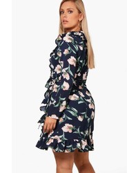 Boohoo Plus Jordan Frill Wrap Floral Printed Tea Dress
