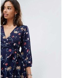 Yumi Petite Wrap Front Dress In Floral Print
