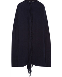 Stella McCartney Fringe Trimmed Ribbed Cashmere And Wool Blend Cape Midnight Blue