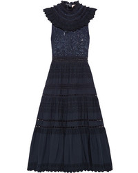 Sea Fringed Lace And Crochet Trimmed Cotton Poplin Midi Dress Navy