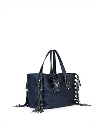 Valentino C Rockee Studded Fringe Leather Tote Bag Denim Blue