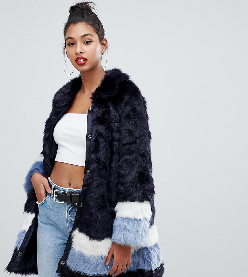 PrettyLittleThing Contrast Stripe Faux Fur Coat In Navy, $32 | Asos ...