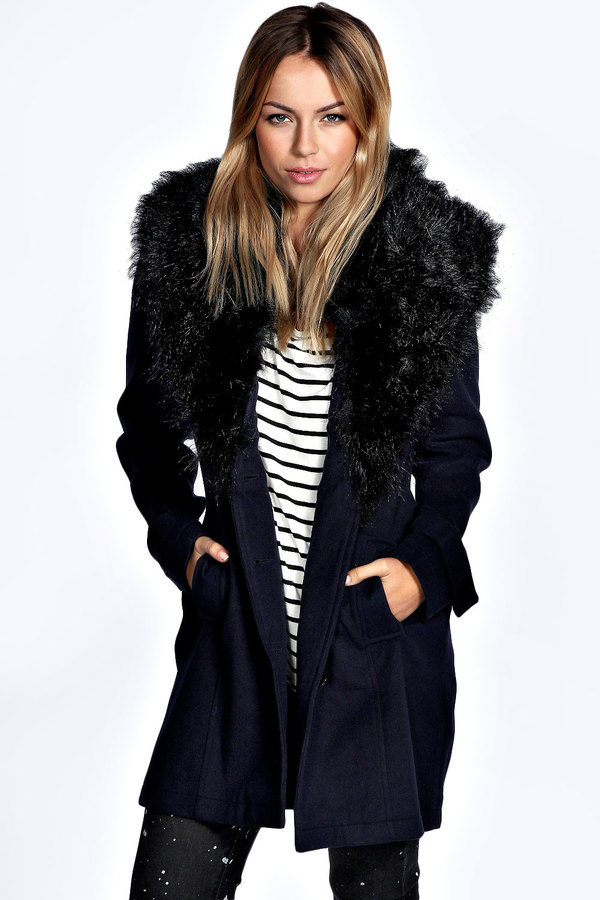 Boohoo Libby Shawl Faux Fur Collar Fitted Coat | Where to buy ...