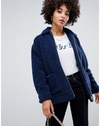 Missguided Oversized Borg Zip Jacket In Navy