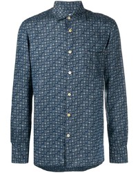 Navy Geometric Linen Long Sleeve Shirt