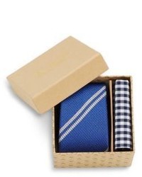 Original Penguin Alpine Striped Tie Gingham Pocket Square Set