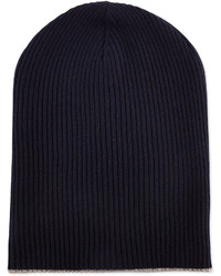 Brunello Cucinelli Cashmere Ribbed Hat Wfoldover Brim Navyoatmeal
