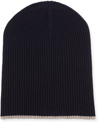 Brunello Cucinelli Cashmere Ribbed Hat With Fold Over Brim Navy