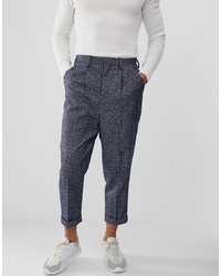 ASOS DESIGN Drop Crotch Tapered Smart Trouser In Blue Herringbone With Turn Up