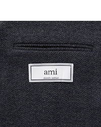 Ami Blue Slim Fit Unstructured Herringbone Cotton Blend Blazer