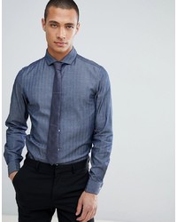 ASOS DESIGN Slim Herringbone Shirt With Double Cuff Cutaway Collar In Navy