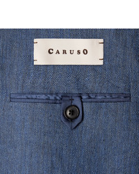 Caruso Blue Butterfly Slim Fit Unstructured Herringbone Linen Blazer