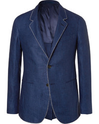 Caruso Blue Slim Fit Contrast Stitched Herringbone Linen Blazer